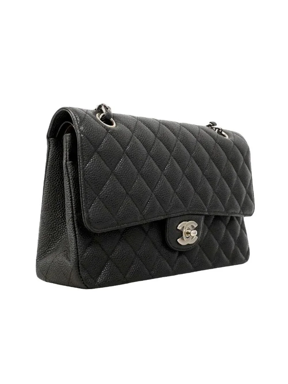 Chanel Shoulder Bag Quilted Caviar Leather Black Silver
